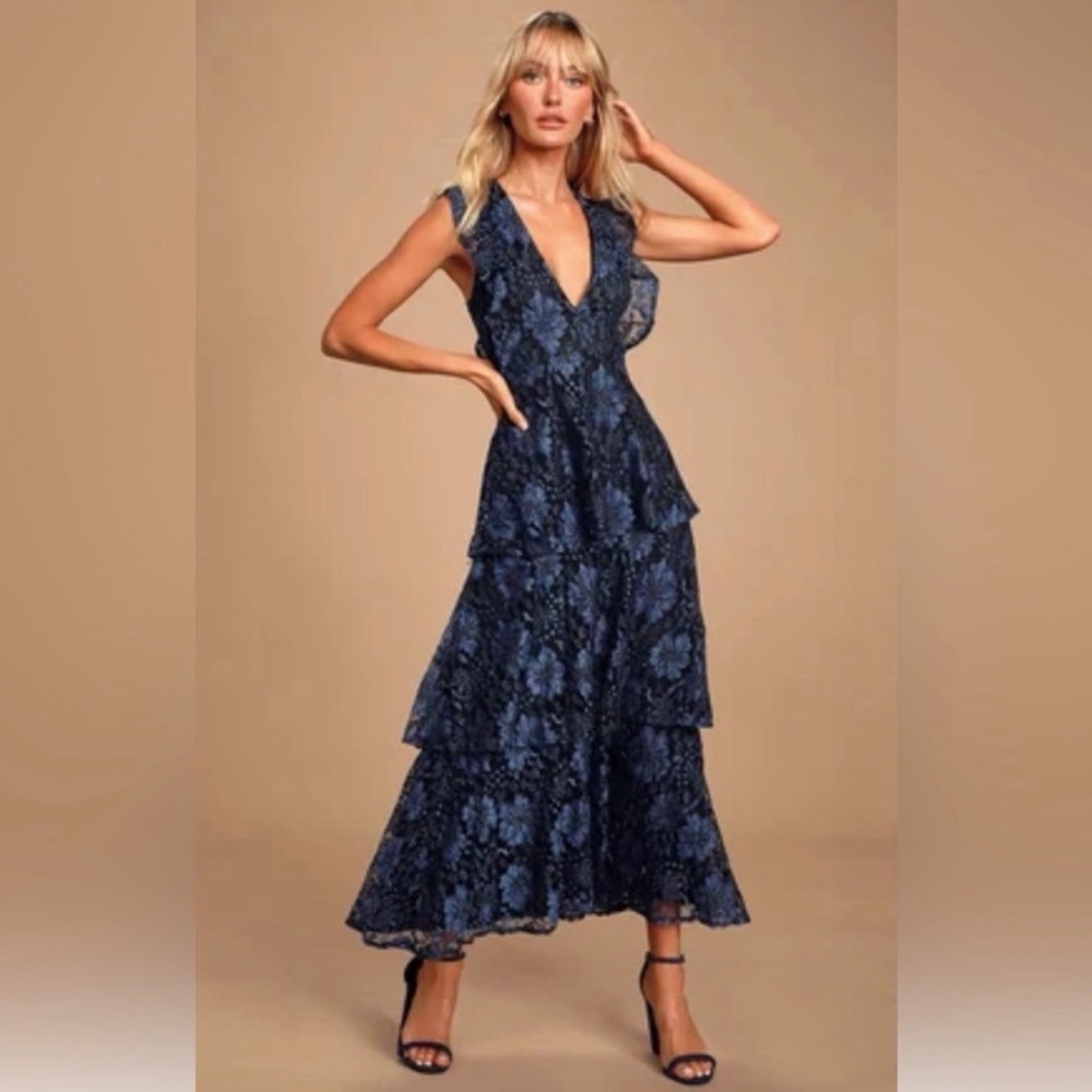 Lulus Molinetto Navy Blue Lace Ruffled
Tiered Sleeveless Maxi Dress